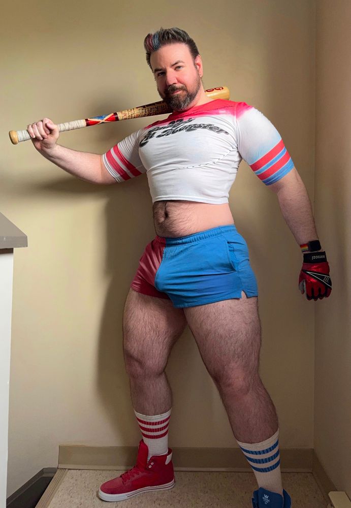 In a Harley Quinn costume        