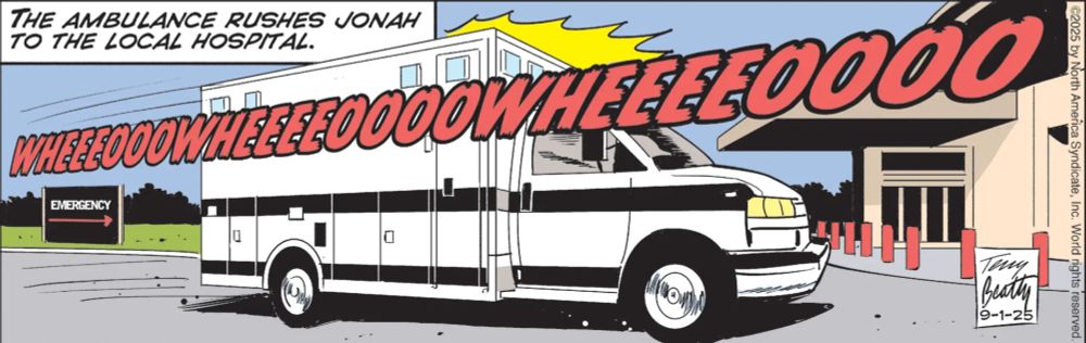 Rex Morgan, M.D. for Monday, 9/1/2025. A white ambulance pulls up to the emergency bay of a hospital going WHEEOOOWHEEEOOOOWHEEEOOO0