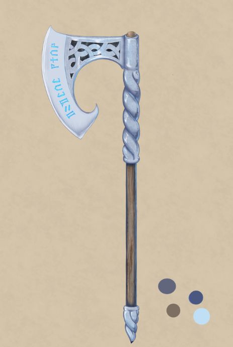 Digital art of a bearded axe with 'dwarven' runes. The handle of the axe is a mix of wood and twisted metal. A color code for the axe is in the lower right corner.