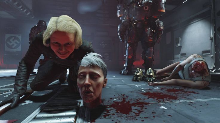 Scene from Wolfenstein II The New Colossus: In this scene, Irene Engel decapitates the beloved resistance leader Caroline Becker, and as shown here, after killing her, Engel holds Caroline's lifeless head towards the player character, William Joseph 'Terror Billy' Blazkowicz.