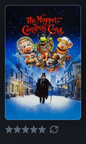 The poster for The Muppet’s Christmas Carol, with a five star rating underneath.