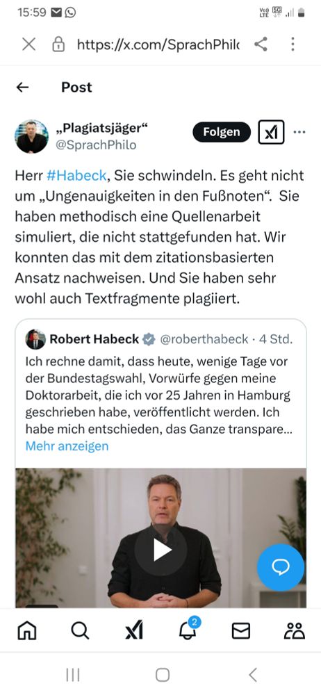 Tweet von Stefan Weber zu Robert Habecks Dissertation.