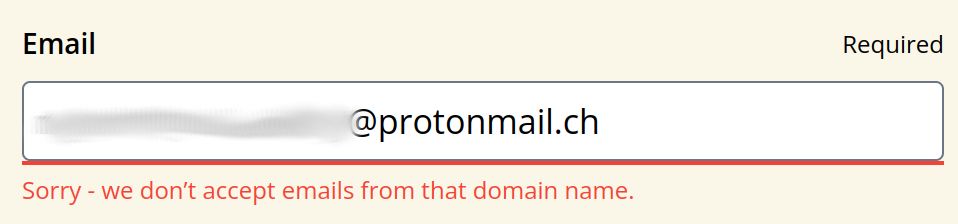 A picture showing a Protonmail email address being refused for sign-up to yourparty.uk 
