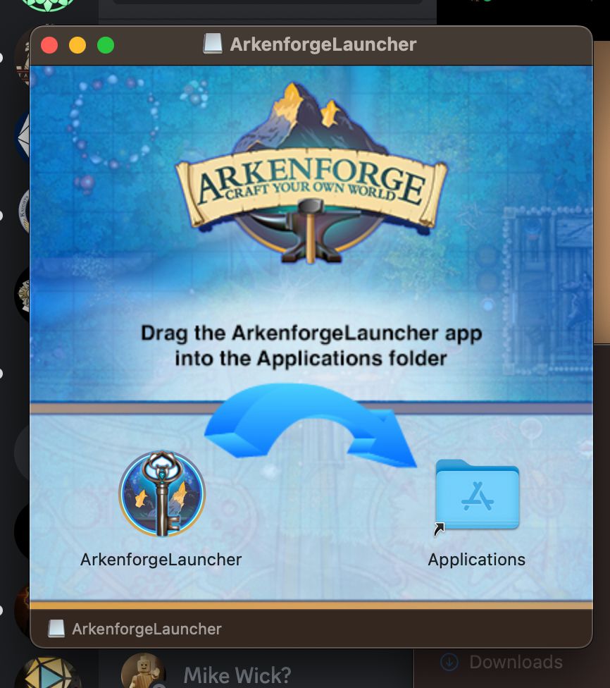 The image is a screenshot of the Arkenforge Launcher DMG, showing the new process of installing the Arkenforge Launcher app on Mac.
