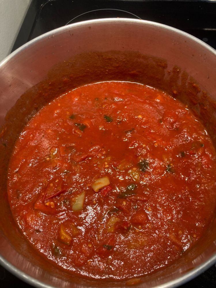 Fresh made garden vegetable sauce. Tomato red with bits of pepper and onion