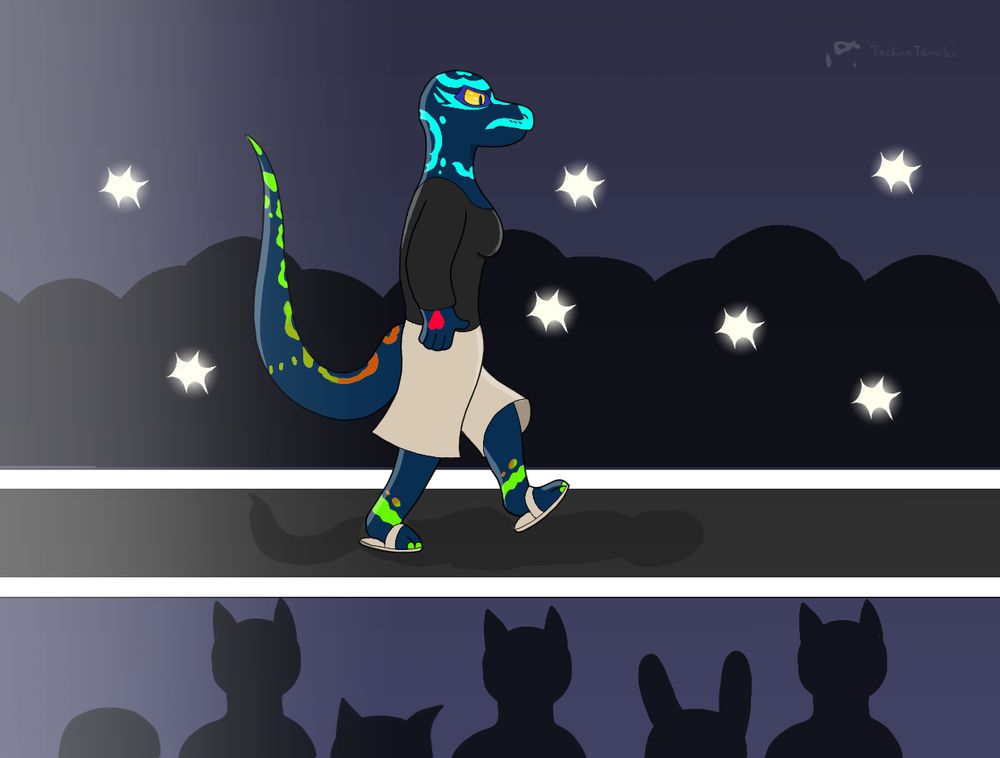 An illustration of Galva walking down a catwalk during a fashion show.