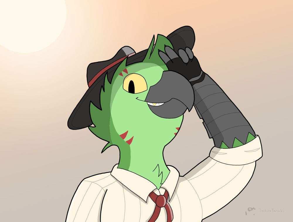 An illustration of Ara Cross as he tips his cap in the sunset smiling.