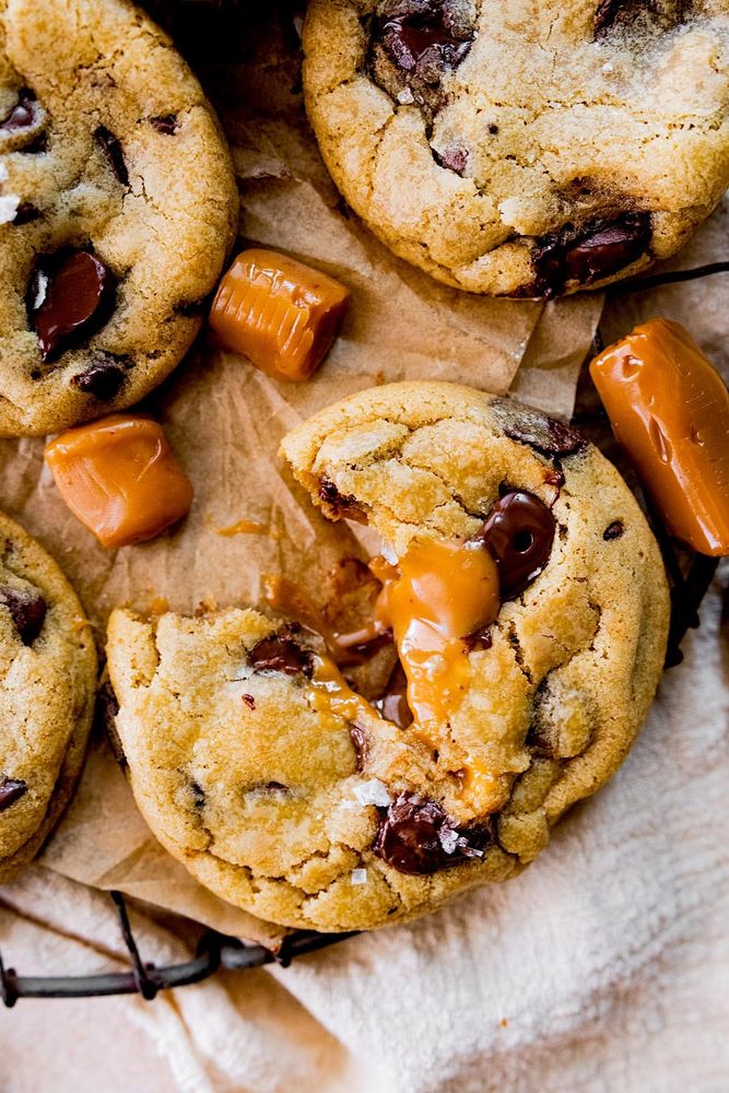 Photo of chocolate chip caramel cookies.
