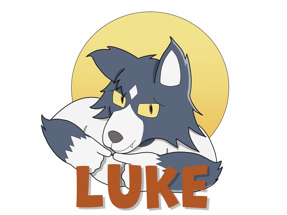Image of Luke's fur con badge. We see Luke pointing his fingers together with his name below.