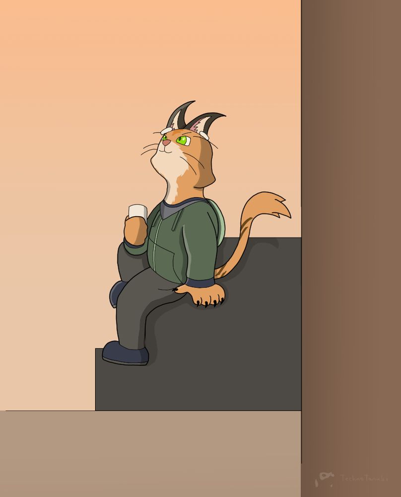 An illustration of Crack-O the caracal sitting on some steps and listening to music.
https://artfight.net/attack/12005564.crack-o-jammin