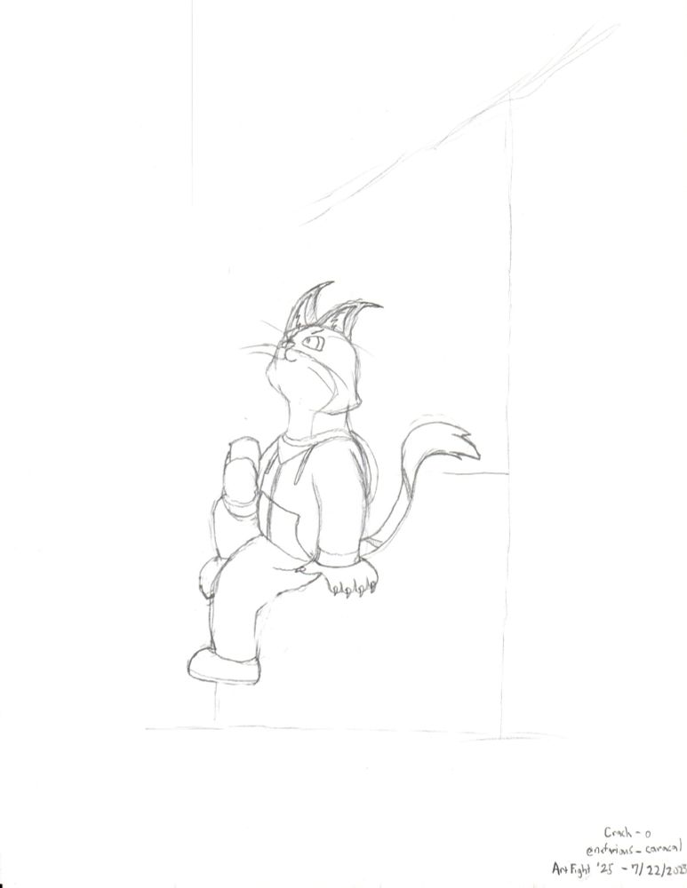 A sketch of Crack-O the caracal sitting on some steps and listening to music.