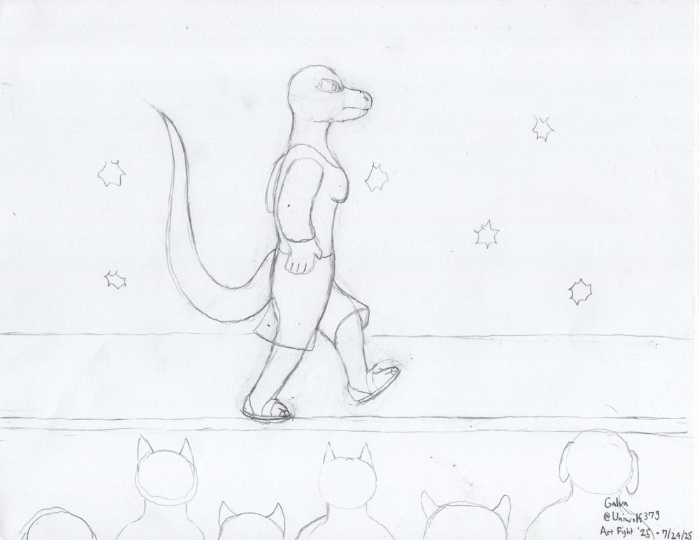 An sketch of Galva walking down a catwalk during a fashion show.