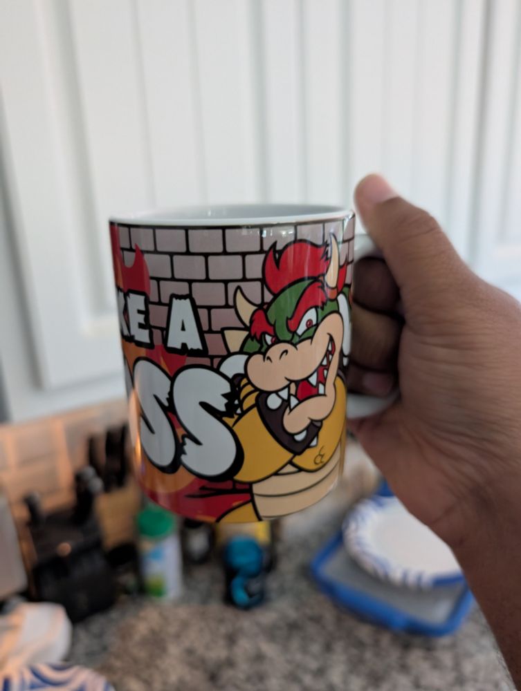 Picture of bowser mug with bowser on the mug.