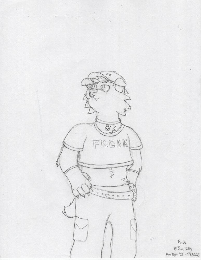 A sketch of Finch standing while smiling.