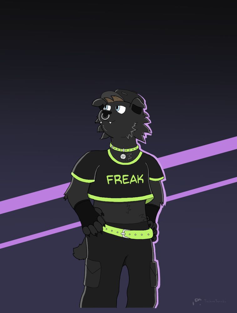 An illustration of Finch standing while smiling in a neon purple-lit background.
