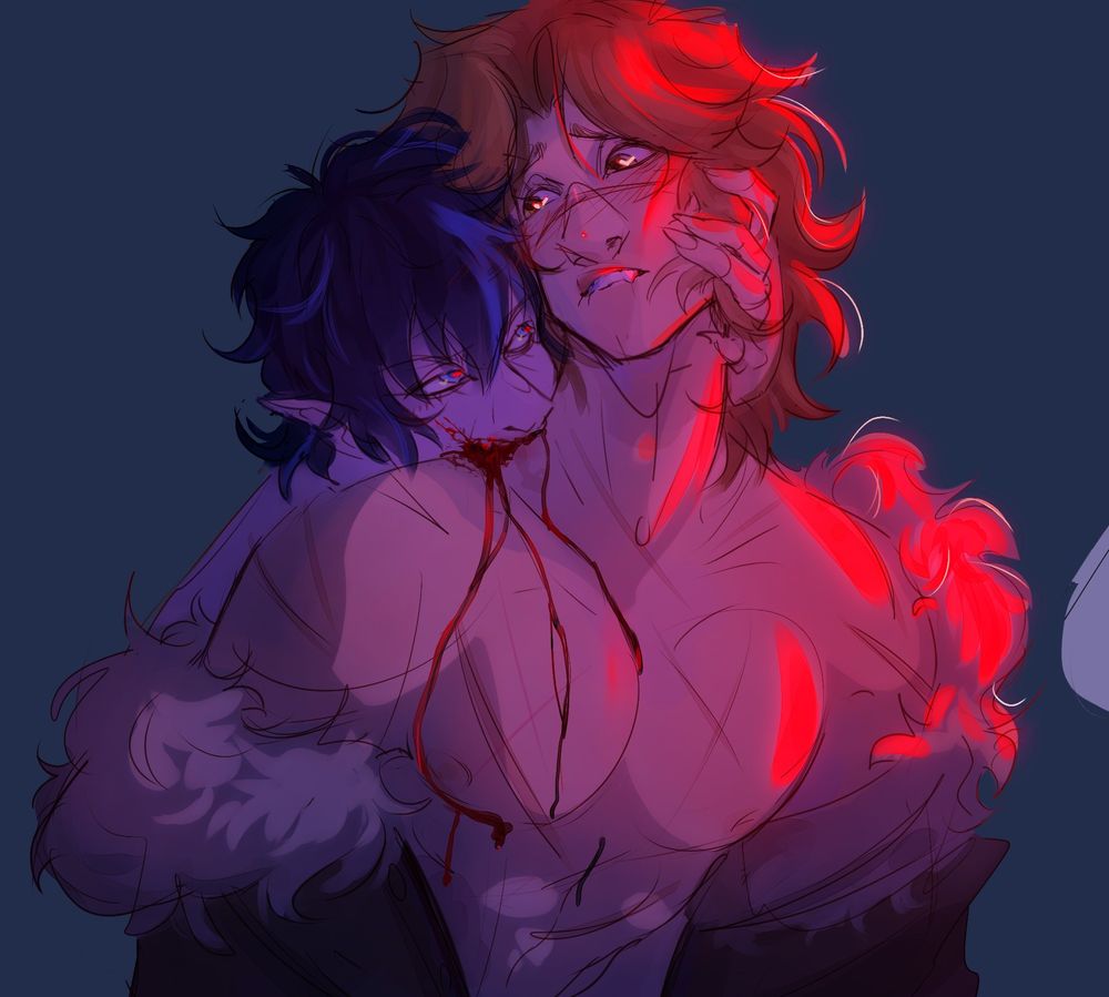 Vampire x werewolf au. My oc elsin biting my friends oc Romeo on the neck in sexy red lighting. The two are gazing at eachother as blood runs down romeos bare chest. His fur lined coat is slipping past his shoulders. Elsins clawed hand cradles the others face pressing him further into his bite.

keywords: enemies to lovers Nsfw Spicy sky suggestive art blood vampire bite oc nsfw gay bl mlm art sketch 