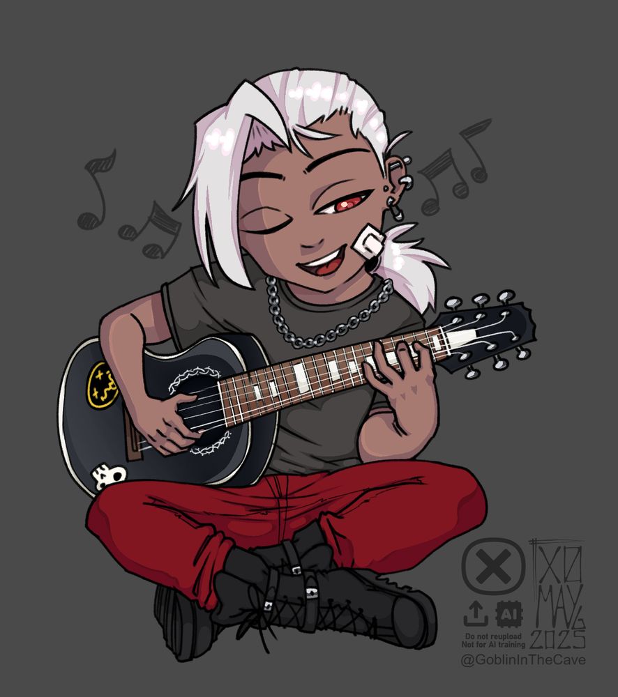 A chibi version of Ciw's OC, Alejandro: A trans man with white hair tied in a low ponytail and red eyes, some piercings. He wears a black shirt, red pants and leather boots. He's sitting in an invisible ground while playing the Spanish Guitar and singing.