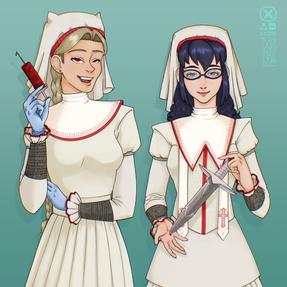 Two nuns from a cult from the same previous campaign, Antes del Último Solsticio by my friend Ciwsparty. The nurse-nun on the left is holding a syringe with something resembling blood and is creepily smiling. Her name's Eva and her white attire is slightly different from the one on the right. Eva is a white woman with dirty blonde hair tied in a braid and deep red eyes. On the right, María Teresa, an important nun holding a lore-relevant dagger and is slightly hurting her hand, leaving a blood drop on her hand. The attire is more detailed than Eva's. María Teresa is a white woman with curly dark-blueish hair, round glasses and pink/purple eyes.