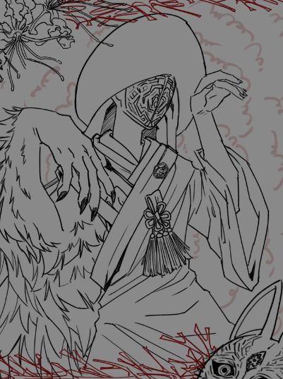 A sketch of the boss Shiromuku from Silent Hill f (a tall woman with a giant fox arm and a traditional japanese wedding kimono) in a dramatic pose. There's a cut frame with flowers, a partially visible kitsune mask from the game and meat-like threads. In the background there's a too-simple sketch of what's going to be flowers.