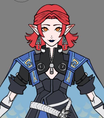 An elf-looking woman with short, bright red hair, amberish eyes and a cyberpunkish clothing style resembling Wuthering Waves' style. Clothing is dark but has blue highlights to make her fit an Ice theme. It's just a sketch about to be polished, some details might change.