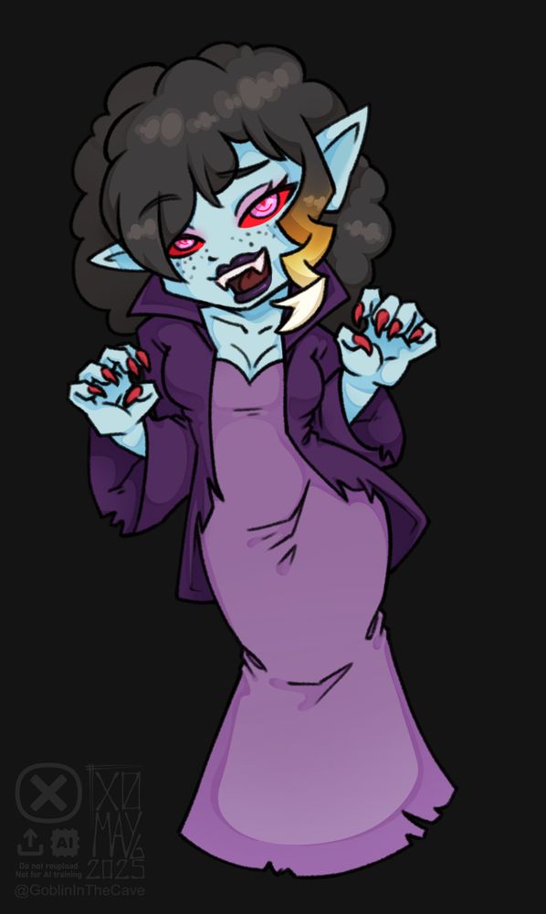 A chibi version of Bado's Vampire OC Striselle, a light blue-skinned adult woman with dark, curly hair with an orange to yellow strand. Her eyes are red and pink and so do her nails. She's wearing a purple jacket that resembles a classic vampire cape and a lighter violet long dress. Clothes are a bit torn and her smiling expression is bold, while showing her claws in a cutesy way.