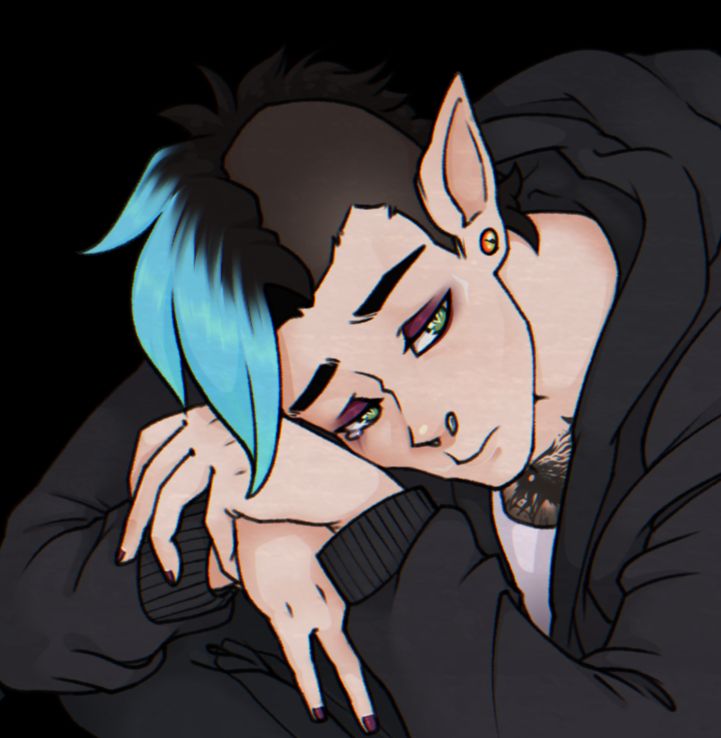 A cropped/Zoomed in version of an OC illustration. CK's in a vlad-squat pose, with a sad look on his face. The character is a white male with pointy ears, green eyes, a mohawk with blue dye and tattoos. He wears a sweater, black jeans and converse.