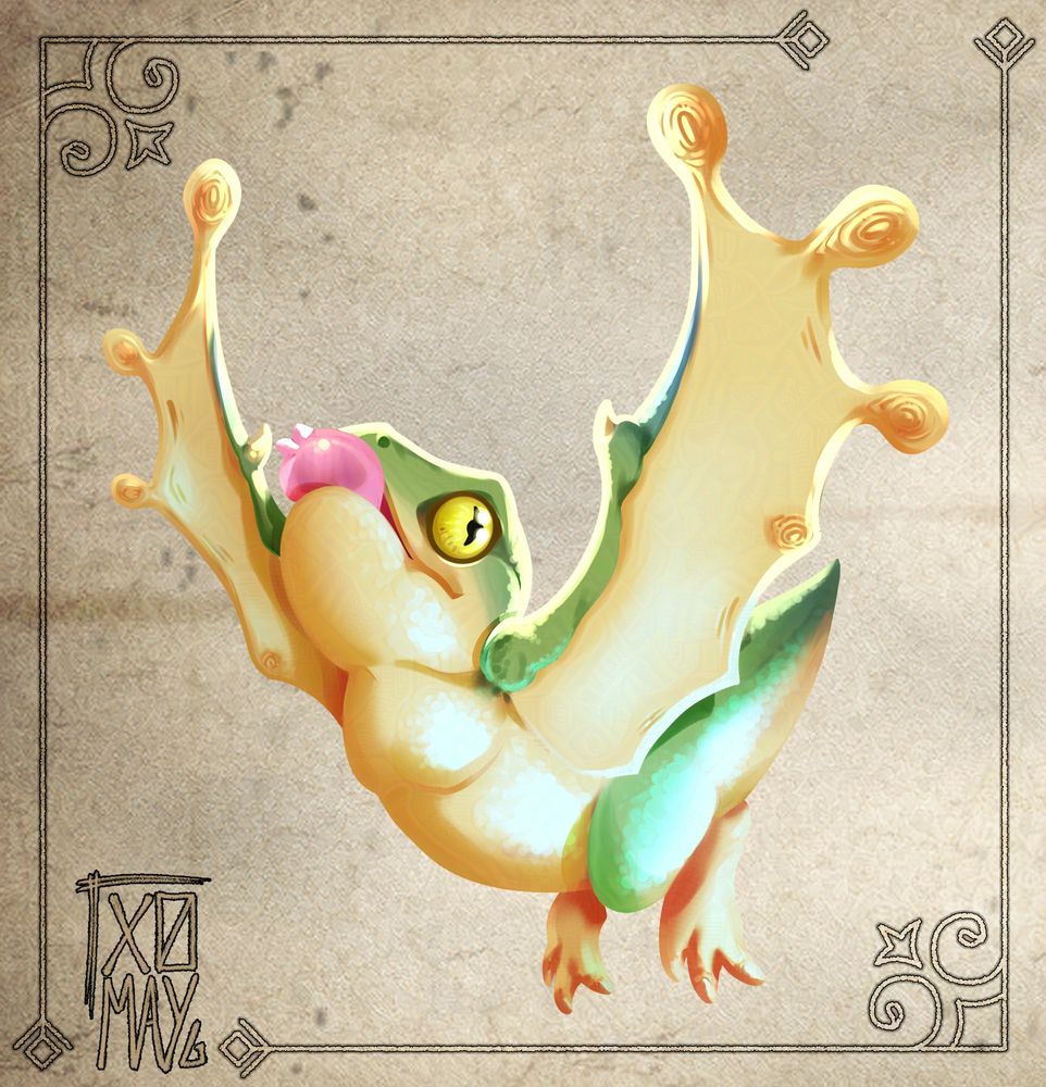A digital painting of a creature from Monster Hunter Wilds called Amstrigian. It's a green & pale yellow frog-like flying creature sticking its tongue out and has giant yellow eyes with a cat-like pupil. This was made a while ago, before the videogames release, when we didn't know this wasn't a Baby Pukei Pukei but a local fauna fella, so it's not as accurately done. The background resembles a diary or some kind of old, yellowish paper.