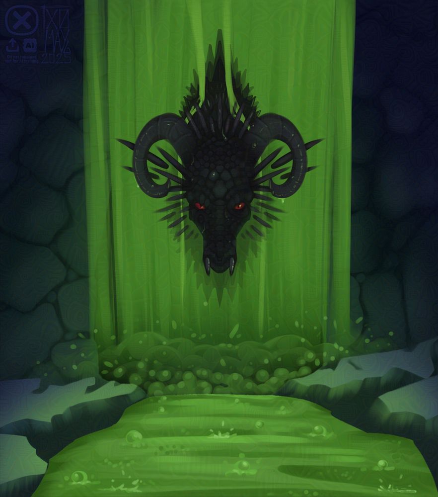 A homebrew DnD scene of a self-made black dragon, who represents War (as a deity) coming out of an acid waterfall between rocks (his cave). The image is almost completely green, with subtly purple tones, and the dragon has red eyes.