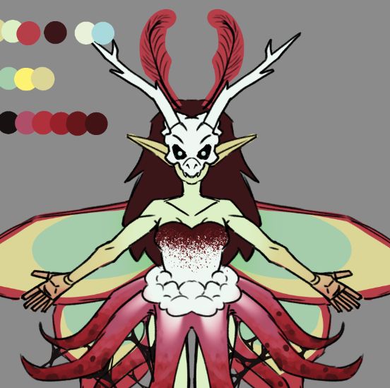 A WIP sketch of a fae design. Green-yellowish skin, pointy ears and red moth antennae and luna moth wings. Has a bone mask with antlers/horns, long messy brown hair. Wears a dress that ressembles a mushroom called devil's fingers (but reversed). The eyes resemble cat's pupils in the dark, glowing.