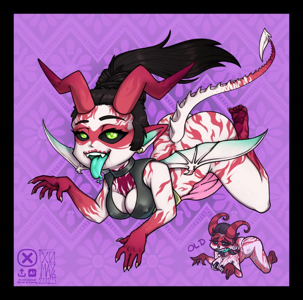 A femenine demon in a suggestive pose. it's meant to be a remake of an old drawing of an old version of this same character but with the same pose (on her 4s, tongue out and hands on her chest t-rex/ghost like). She's completely white with red fire-like stripes all over her body, horns and hands. Has 2 small wings and green eyes, giant red horns, dark brown hair tied in a high pony tail and her mouth is in a blue-ish tone instead. She has a spiky tail. Wears a leather/latex top that reveals her cleveage and a skirt (although barely visible). Th eold version looks slightly different, but is practically the same: has short hair, curled horns and glitch-like texture on her skin.