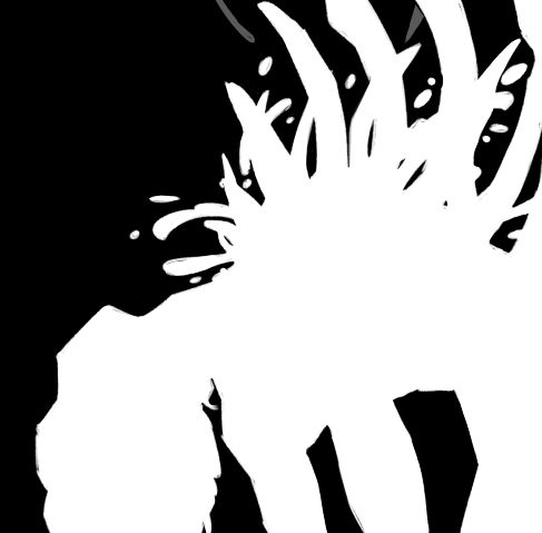 A white silouette in a black background of someone (my OC) bending back with some gorey stuff on his chest. No detail is visible since it's a silouette.
