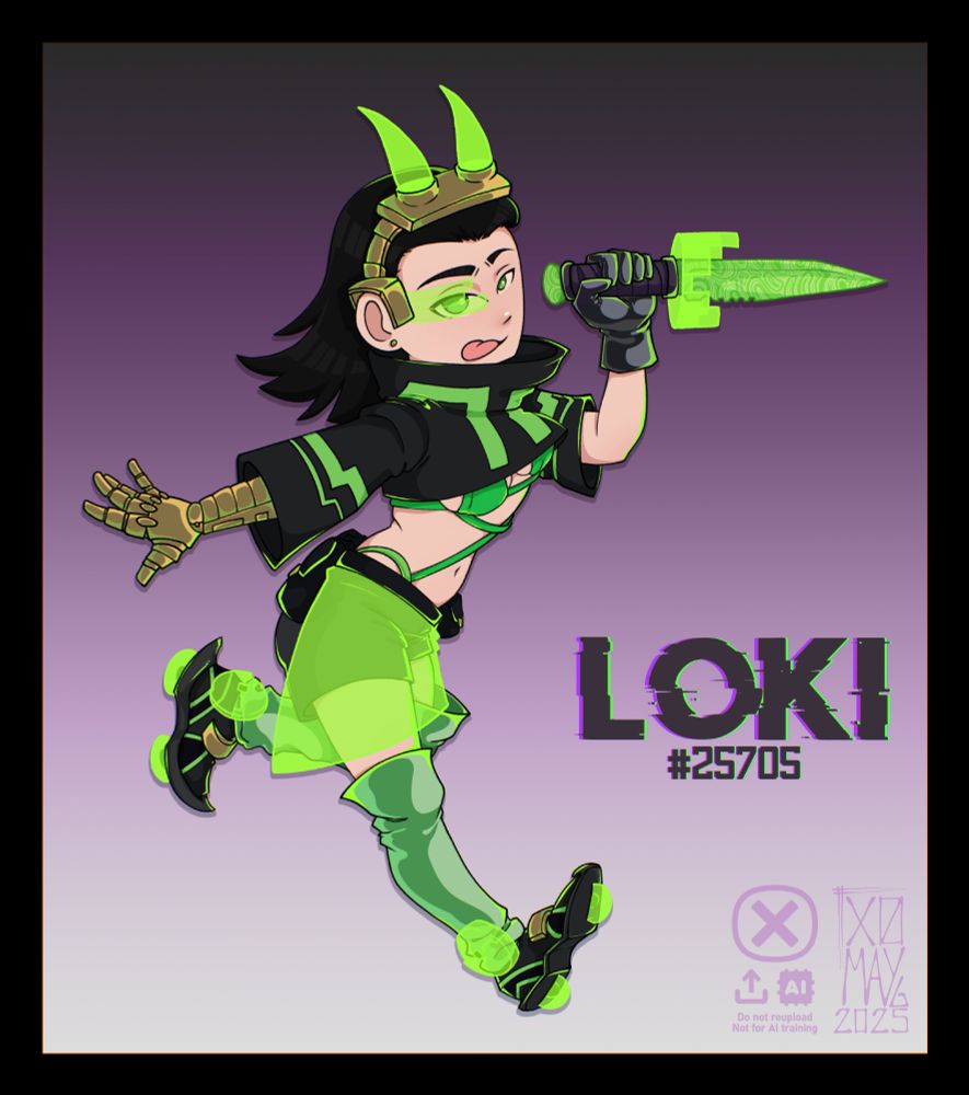 ENG: A rendered chibi-styled of a Loki Self-Insert AU.
The character resembles Loki from Marvel's MCU but their aesthetic is cyberpunk and keeps a femme body (since they're genderfluid).
Has a robotic, gold right arm and is holding a green knife with damascus decoration, also wears a helmet with hologram horns and a small cyber eye decoration.

ESP: Una representación de estilo chibi de un personaje self-insert en un AU de Loki.
El personaje se parece a a Loki del MCU de Marvel, pero su estética es cyberpunk y conserva un cuerpo femenino (ya que es de género fluido).
El brazo derecho es robótico y dorado, sostiene un cuchillo verde con damasco en la otra mano, pero también lleva un casco con cuernos holográficos y un detalle digital en el ojo.