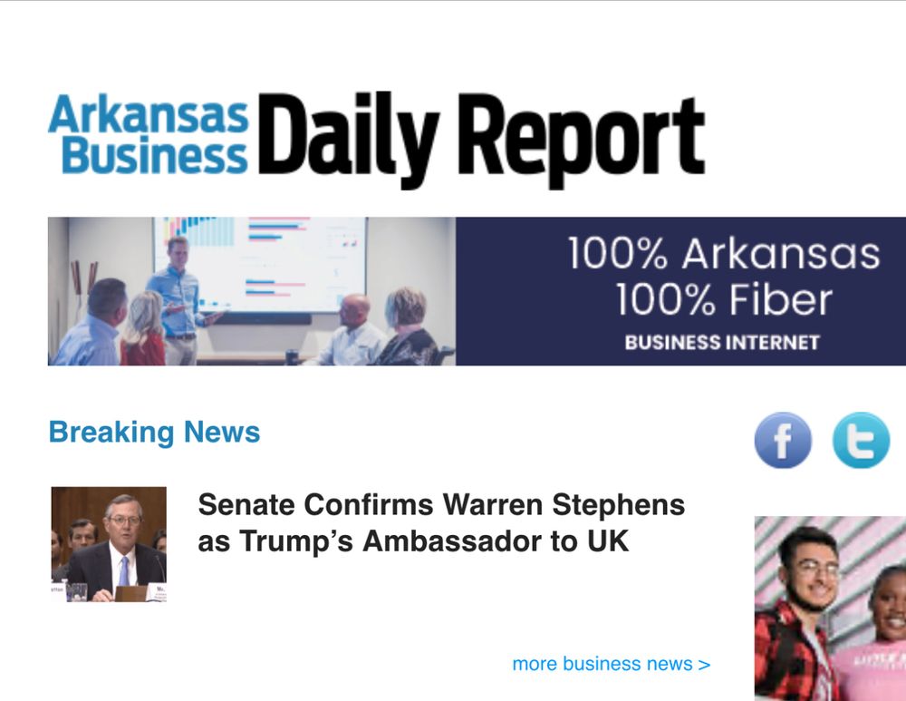 Arkansas Business Report Breaking News

Senate Confirms Warren Stephen’s as Trump’s Ambassador to UK

Headline and picture only, no article link. 
