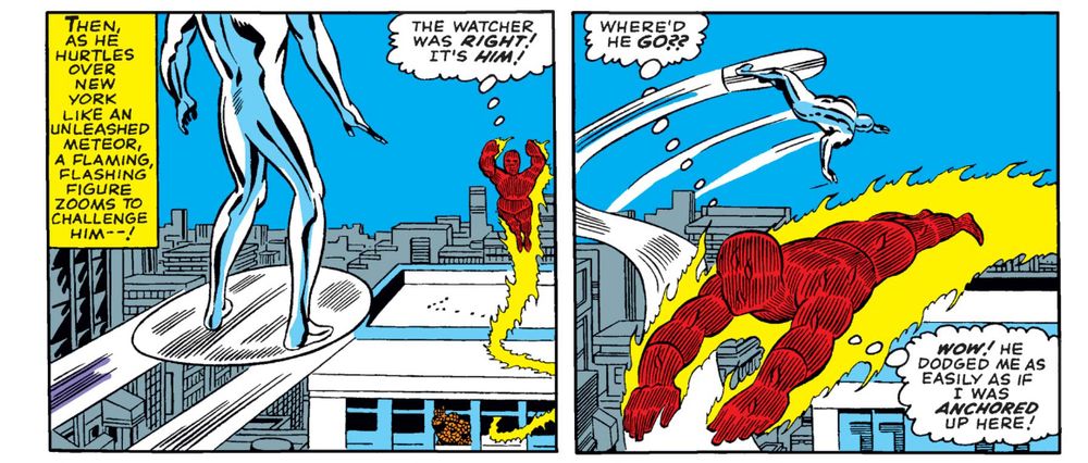 Two panels from “Fantastic Four,” Volume 1, Issue 48, showing the Human Torch flying up and toward the Silver Surfer.

There are thought bubbles with text reflecting Johnny’s realizations and response as he goes toward the Silver Surfer.