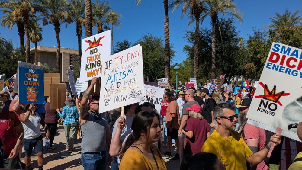 Protester sign: "If Tylenol really causes autism, we'd have high-speed rail by now."