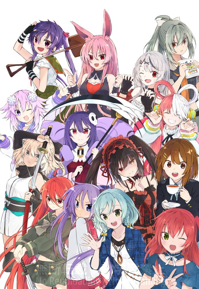 An illustration collage featuring the following characters:
Shana (Shakugan no Shana) | Kagami Hiiragi (Lucky Star) |  Hina Hikawa (BanG Dream!) |  Ikuyo Kita (Bocchi the Rock) | Okita Souji (fateGO) | Haqua (The World God Only Knows/ TWGOK) | Kurumi Tokisaki (Date A Live) |  Yui Hirasawa (K-ON!) |  Neptune (Hyper Dimension Neptunia) | Kurumi Ebisuzawa (Gakkou Gurashi!) | Kurousagi (Mondaiji) | Sakamata Chloe (Hololive) | Yuubari (Kantai Collection)