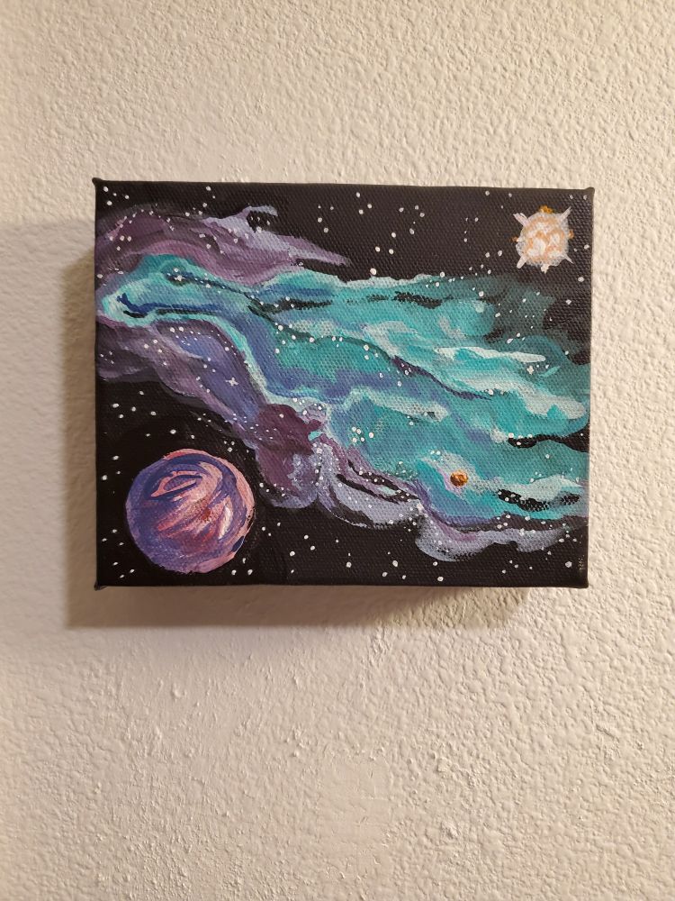 Acrylic painting on canvas of outer space with a planet and a nebula and a sun. Lots of stars. Painting hangs on a wall.