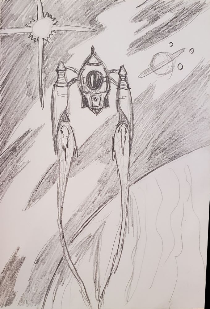 Pencil sketch of a two engine retro-ish spaceship zipping by a planet, with a sort of nebula and star and ringed planet in the background.