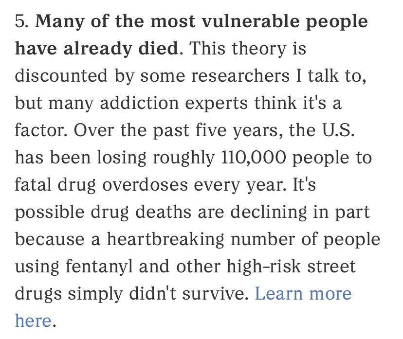 5. Many of the most vulnerable people have already died. 

This theory is discounted by some researchers I talk to, but many addiction experts think it’s a factor. Over the past five years, the U.S. has been losing roughly 110,000 people to fatal drug overdoses every year. It’s possible drug deaths are declining, in part, because a heartbreaking number of people using fentanyl and other high-risk street drugs simply didn’t survive.