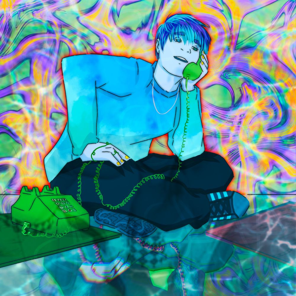 Awsten sitting talking on a green phone over a reflective surface that shows different version him talking on a red phone. There are records on the floor.