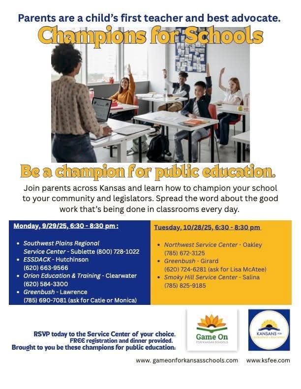 Monday, 9/29/25, 6:30 - 8:30 pm:
Southwest Plains Regional
Service Center - Sublette (800) 728-1022
ESSDACK - Hutchinson (620) 663-9566
Orion Education & Training - Clearwater (620) 584-3300
Greenbush - Lawrence
(785) 690-7081 (ask for Catie or Monica)

Tuesday, 10/28/25, 6:30 - 8:30 pm
Northwest Service Center - Oakley
(785) 672-3125
Greenbush - Girard (620) 724-6281 (ask for Lisa McAtee)
Smoky Hill Service Center - Salina (785) 825-9185

RSVP today to the Service Center of your choice.
FREE registration and dinner provided.