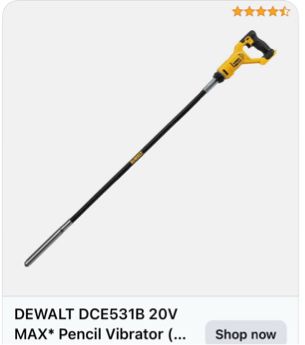 Picture of a wireless drill with a long thin attachment labeled “Dewalt Mac Pencil Vibrator”