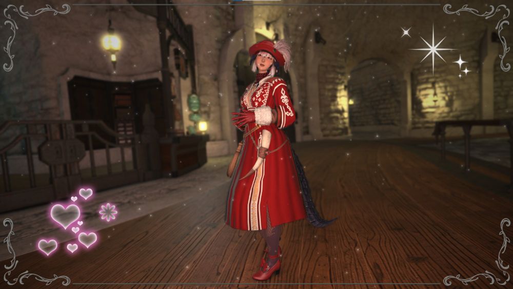 My final fantasy 14 character dressed up in Christmas themed gear. She's a small tan skinned woman with a dark blue tail and back reaching horns at ear height. She's wearing a Mongolian inspired red and white dress combined with fishnet stockings, red pumps with a bow on the strap, red gloves with a thick with furred rim and large red hat that I honestly don't know how to describe besides semi-large and poofy. She has short red hair with white highlights, dark rose eyes and has a faint blush on. She's striking a demure pose with a kind and content expression on her face, wishing you the happiest of festive seasons.