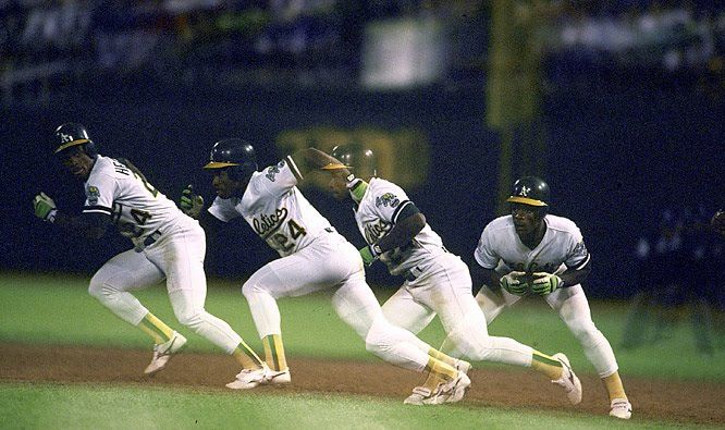 multiple exposure photo of oakland a's rickey henderson leading off first and stealing second