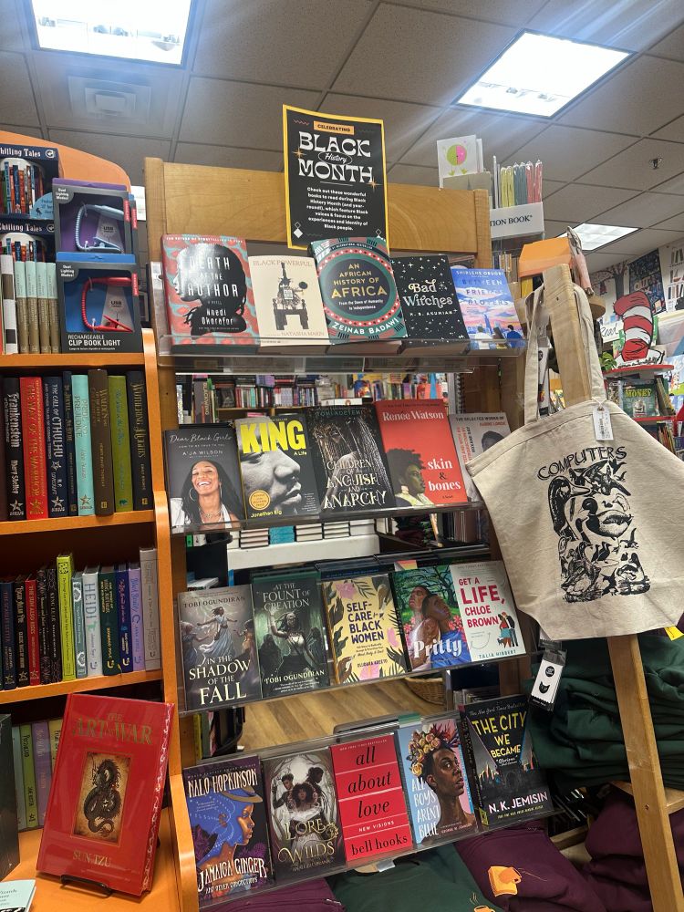 Display of books at a book store for black history month. 
Death of the Author
Black Powerful 
An African History of Africa
Bad Witches 
Between Friends and Lovers
Dear Black Girls
King, a life 
Children of Anguish and Anarchy 
Skin and Bone 
The Selected Works of Audrey Lorde
In the Shadow of the Fall
At the Fount of Creation
Self Care for Black Women 
Pritty
Get a Life Chloe Brown 
Jamaica Ginger
Lore of the Wild
All About Love
All Boys Aren’t Blue
The City We Became 