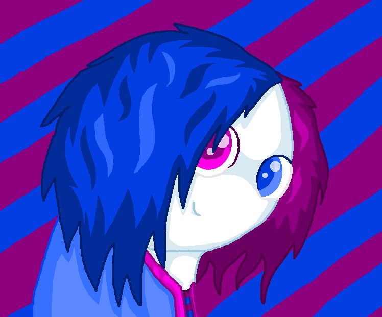 digital drawing of a white-skinned humanoid with a spherical head and simplistic body. the right side of their hair is blue and the left side is purple. their right eye is pink and left eye is light blue. they're wearing a light blue jacket and smiling slightly, looking at the camera. the background is blue-purple -striped.