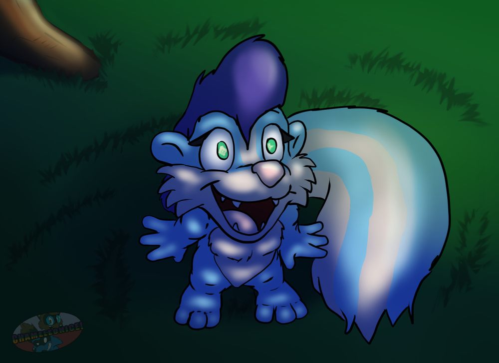 A blue toned cartoon skunk is looking up at a shooting star while standing in a grassy field with the root of a tree behind her. She's looking up with wonder!