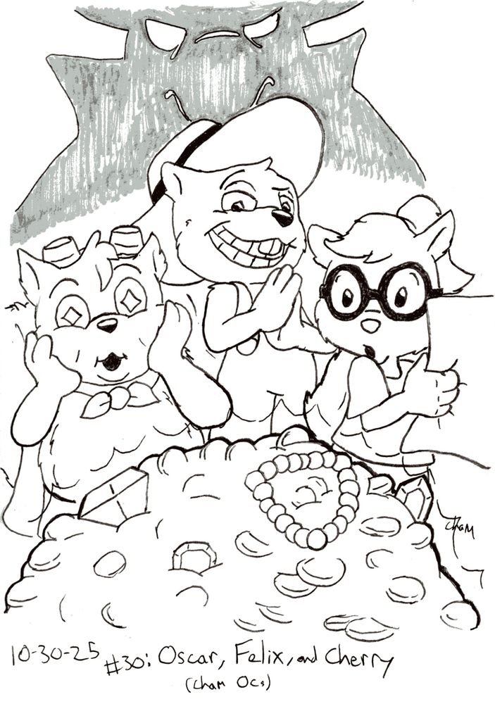 Three squirrel children are looking over a pile of treasure that is bursting with coins, gems, and jewels. There is a chubby kid with goggles on the left, a scheming kid with a cowboy hat in the center, and a girl with huge glasses on the right who is holding a treasure map. Behind them all is a looming shadowy figure who looks rather displeased at what they've stumbled across.