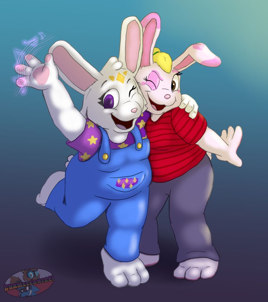 Two white, female bunnies are standing next to each other, hugging and looking like they're posing for the camera. Both are very colorful with their clothing and makeup, with the left bunny wearing a purple shirt with gold stars and blue suspenders, and the right bunny wearing a striped red shirt and purple-gray pants and pink shapes colored onto her face. The left bunny's raised hand has music notes surrounding it.