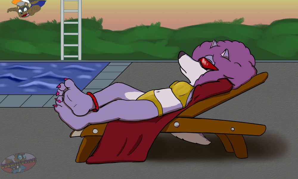 A female purple wolf is sunning herself at a community pool while wearing a golden bikini and red sunglasses. She looks completely unaware of the screaming male raccoon that is about to do a bellyflop in the pool beside her.